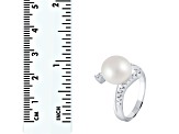 10-11mm White Button Cultured Freshwater Pearl Rhodium Over Silver Ring