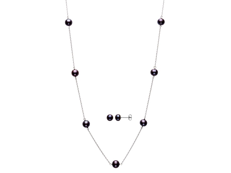 Black Cultured Freshwater Pearl Rhodium Over Sterling Silver Necklace And Earring Set