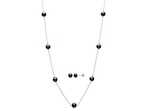 Black Cultured Freshwater Pearl Rhodium Over Sterling Silver Necklace And Earring Set