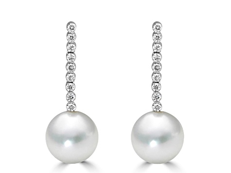 14KW  9mm Akoya White Pearl Drop Earrings, 0.27 ctw Diamond