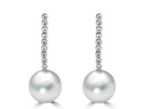 14KW  9mm Akoya White Pearl Drop Earrings, 0.27 ctw Diamond