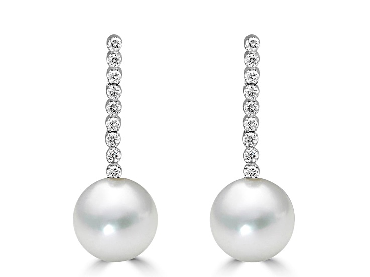 14KW 9mm Akoya White Pearl Drop Earrings, 0.27 ctw Diamond