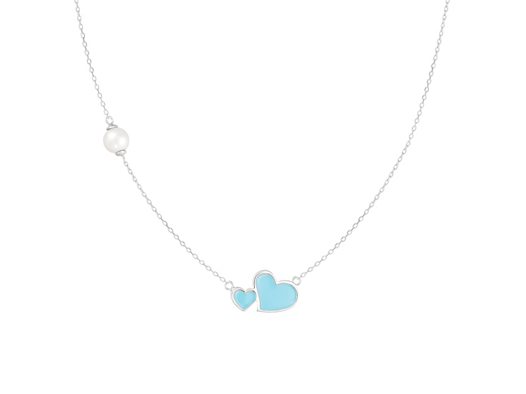 6.5-7mm Off Round White Cultured Freshwater Pearl and Blue enamel Rhodium Over Sterling Necklace
