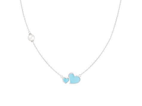 6.5-7mm Off Round White Cultured Freshwater Pearl and Blue enamel Rhodium Over Sterling Necklace