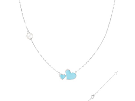6.5-7mm Off Round White Cultured Freshwater Pearl and Blue enamel Rhodium Over Sterling Necklace