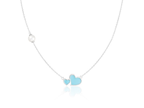 6.5-7mm Off Round White Cultured Freshwater Pearl and Blue enamel Rhodium Over Sterling Necklace