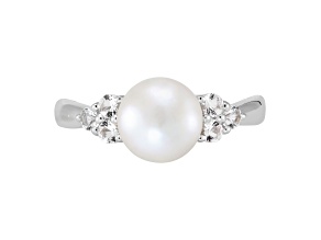 8mm Round White Freshwater Pearl and White Topaz Sterling Silver Ring