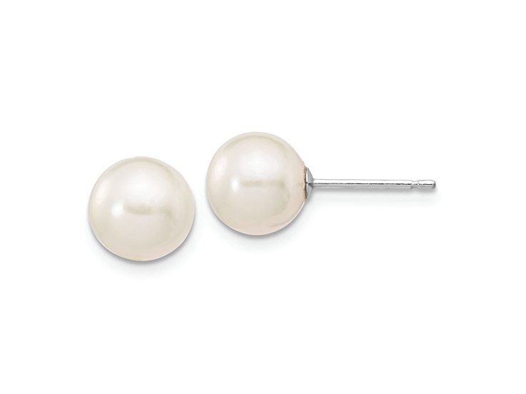Rhodium Over 10k White Gold 7-8mm White Round Freshwater Cultured Pearl Stud Earrings