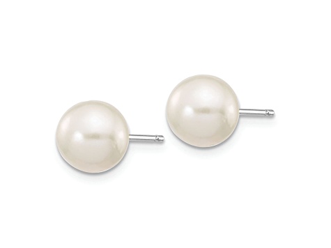 Rhodium Over 10k White Gold 7-8mm White Round Freshwater Cultured Pearl Stud Earrings
