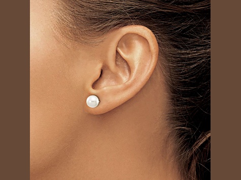 Rhodium Over 10k White Gold 7-8mm White Round Freshwater Cultured Pearl Stud Earrings
