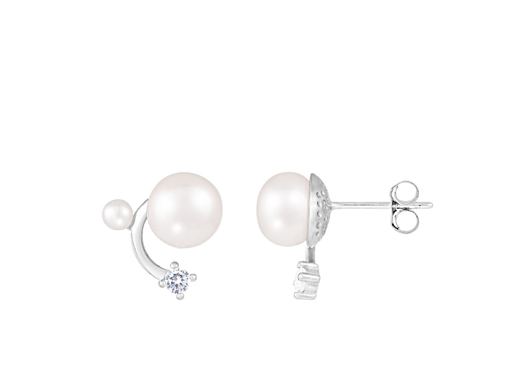 3.5-8.5mm White Cultured Freshwater Pearl and Cubic Zirconia Rhodium Over Sterling Silver Earrings