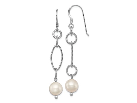 Rhodium Over Sterling Silver  Polished and Twisted Freshwater Cultured Pearl Dangle Earrings