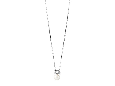 7-7.5mm Button White Freshwater Pearl and White Sapphire Sterling Silver Necklace