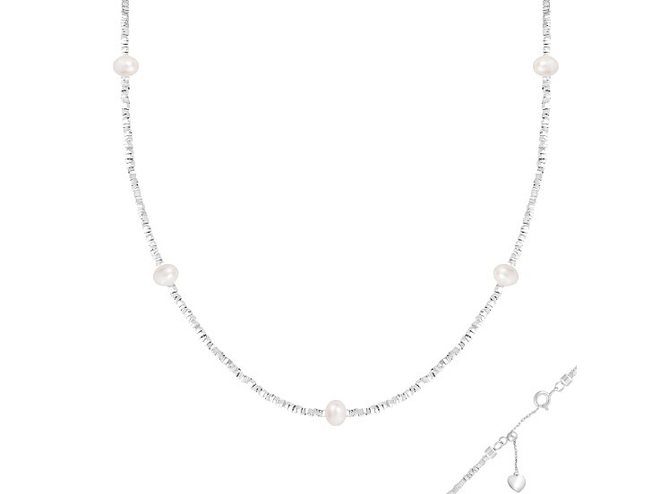 4-5mm Off Round White Cultured Freshwater Pearl Rhodium Over Sterling Silver Strand Necklace