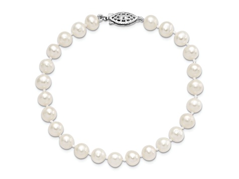 Rhodium Over Sterling Silver 6-7mm White Freshwater Cultured Pearl Bracelet