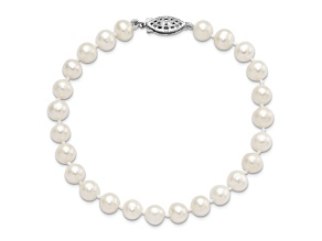 Rhodium Over Sterling Silver 6-7mm White Freshwater Cultured Pearl Bracelet