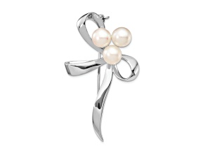 Rhodium Over Sterling Silver 7-8mm White Button Freshwater Cultured Pearl Brooch