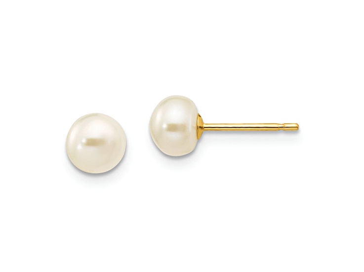 10k Yellow Gold 5-6mm White Button Freshwater Cultured Pearl Stud Earrings
