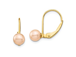 14K Yellow Gold 5-6mm Pink Round Freshwater Cultured Pearl Dangle Earrings