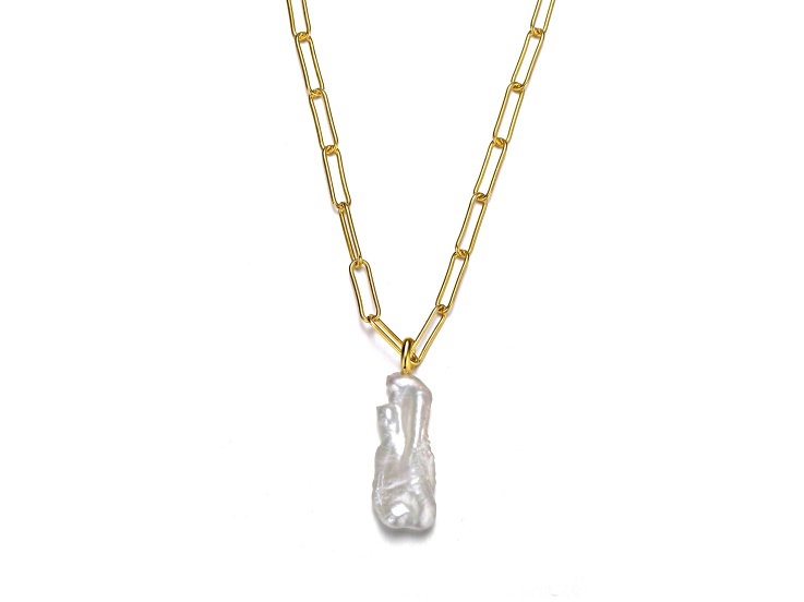 Free-Form Baroque Genuine Freshwater Pearl, 14K Gold Plated over Sterling Silver Link Chain Pendant