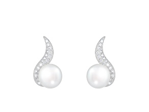 7.5-8mm White Cultured Freshwater Pearl and Cubic Zirconia Rhodium Over Sterling Silver Earrings