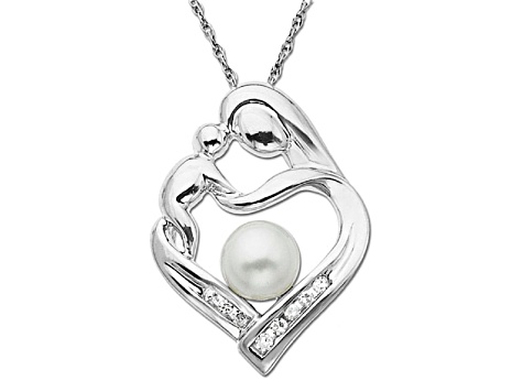 5mm Round White Freshwater Pearl with 0.05ctw Diamond Accent Sterling Silver Pendant with Chain