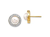 14K Yellow Gold and Rhodium 5-6mm Button Freshwater Cultured Pearl 0.05ct Diamond Post Earrings