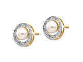 14K Yellow Gold and Rhodium 5-6mm Button Freshwater Cultured Pearl 0.05ct Diamond Post Earrings