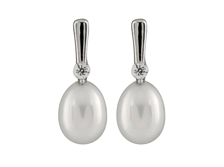 7-7.5mm White Cultured Freshwater Pearl and Cubic Zirconia Rhodium Over Sterling Silver Earrings
