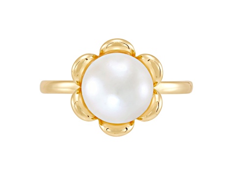 9-9.5mm Button White Freshwater Pearl 14K Yellow Gold Over Sterling Silver Solitaire Floral Ring