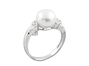 8.5-9mm White Button Cultured Freshwater Pearl and Cubic Zirconia Rhodium Over Silver Ring