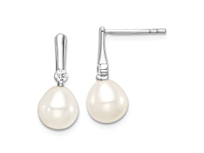 Rhodium Over Sterling Silver 7-8mm Rice Freshwater Cultured Pearl CZ Dangle Earrings