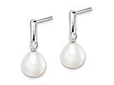 Rhodium Over Sterling Silver 7-8mm Rice Freshwater Cultured Pearl CZ Dangle Earrings
