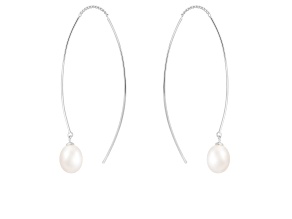 7.5-8mm White Cultured Freshwater Pearl Rhodium Over Sterling Silver Earrings