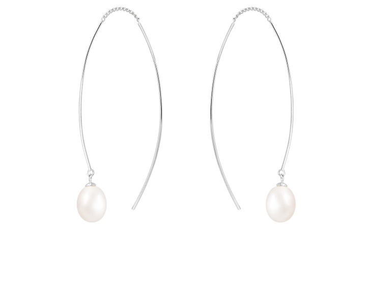 7.5-8mm White Cultured Freshwater Pearl Rhodium Over Sterling Silver Earrings