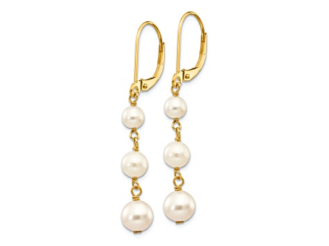 14K Yellow Gold 4-6mm White Semi-round Freshwater Cultured Pearl Gaduated Leverback Earrings