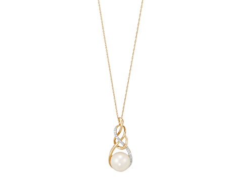 9mm Round White Freshwater Pearl and 0.08ctw Diamond 10K Yellow Gold Pendant with Chain