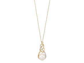 9mm Round White Freshwater Pearl and 0.08ctw Diamond 10K Yellow Gold Pendant with Chain
