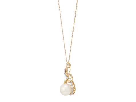 9mm Round White Freshwater Pearl and 0.08ctw Diamond 10K Yellow Gold Pendant with Chain