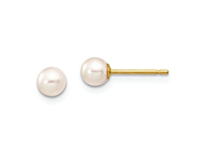 10k Yellow Gold 4-5mm White Round Freshwater Cultured Pearl Stud Earrings