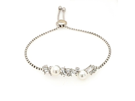 6-6.5mm Button White Freshwater Pearl and White Sapphire Sterling Silver Bolo Bracelet