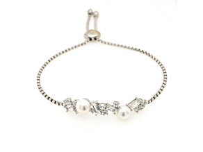 6-6.5mm Button White Freshwater Pearl and White Sapphire Sterling Silver Bolo Bracelet