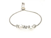 6-6.5mm Button White Freshwater Pearl and White Sapphire Sterling Silver Bolo Bracelet