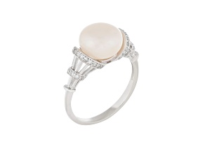 9.5-10mm White Button Cultured Freshwater Pearl and Cubic Zirconia Rhodium Over Silver Ring