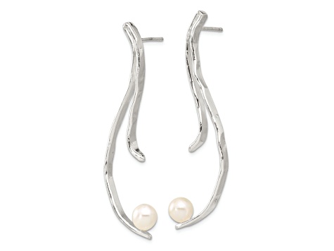 Sterling Silver Polished and Hammered Freshwater Cultured Pearl Post Dangle Earrings