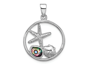Rhodium Over Sterling Silver Polished Paua Shell Starfish and Shell Pendant