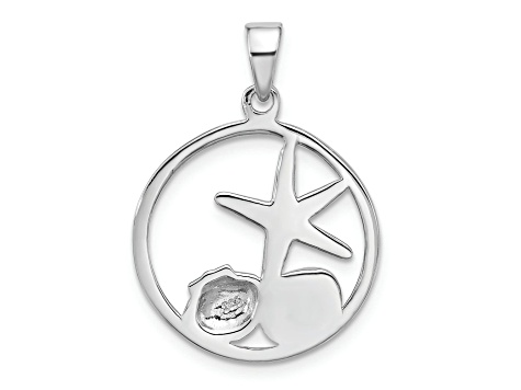 Rhodium Over Sterling Silver Polished Paua Shell Starfish and Shell Pendant
