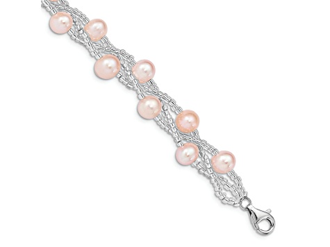 Rhodium Over Sterling Silver 7-9mm Pink Freshwater Cultured Pearl And Glass Beaded Bracelet