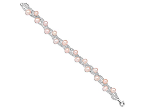 Rhodium Over Sterling Silver 7-9mm Pink Freshwater Cultured Pearl And Glass Beaded Bracelet