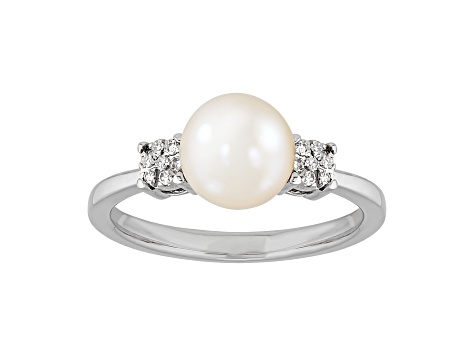 7-7.5mm Round White Freshwater Pearl with Diamond Accents Sterling Silver Ring